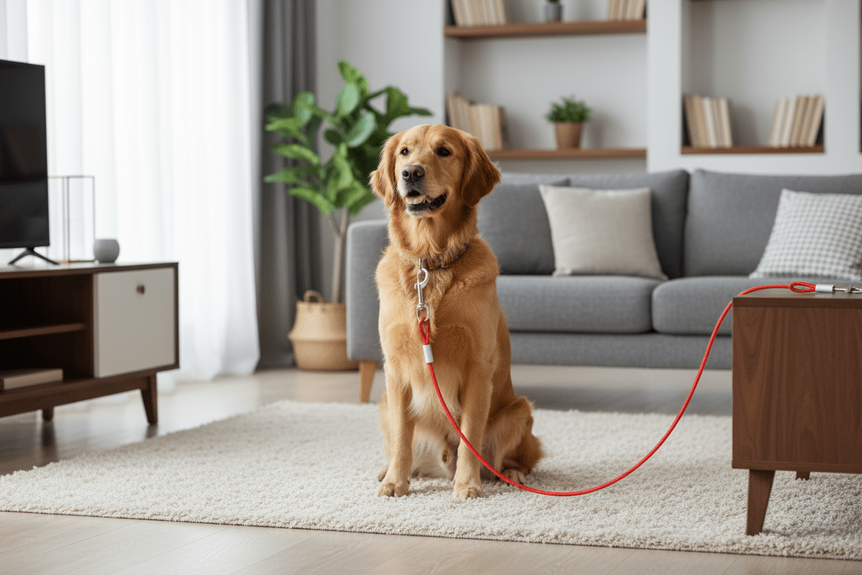 Chien avec longe chien rouge salon