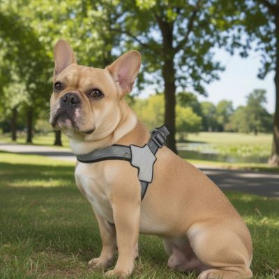chien jardin joyeux dans son harnais