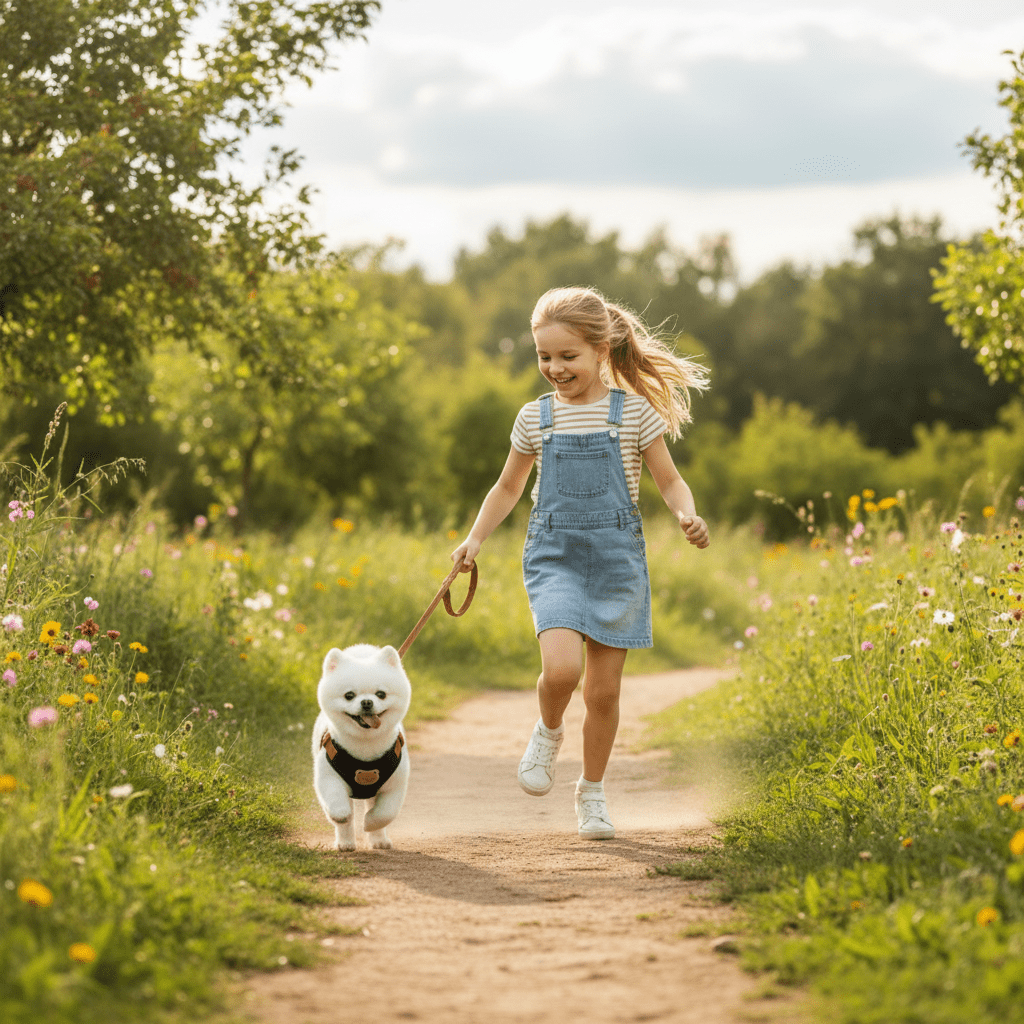 Chien Spitz avec harnais pour chien courant