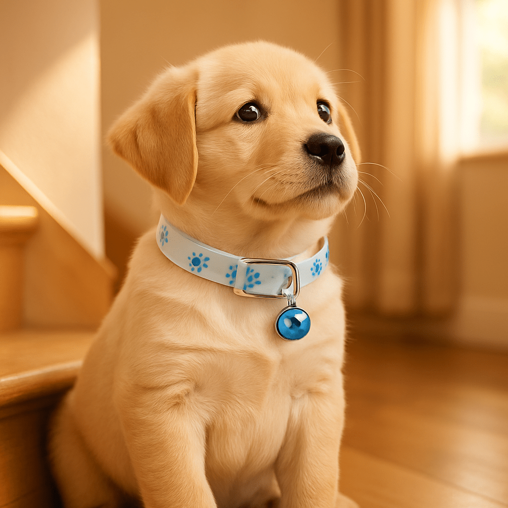 chienne maison escalier avec collier lumineux