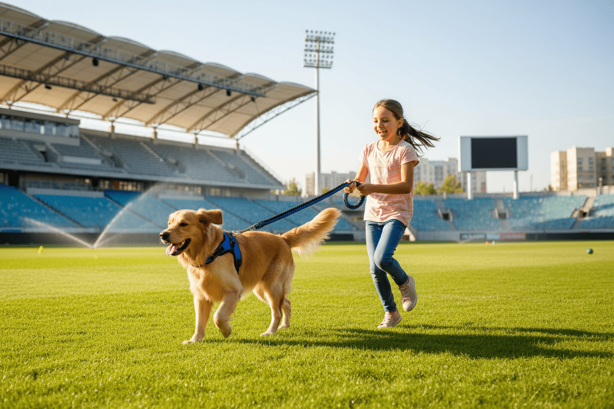 Fillette au stade jouant avec chien et laisse bleue