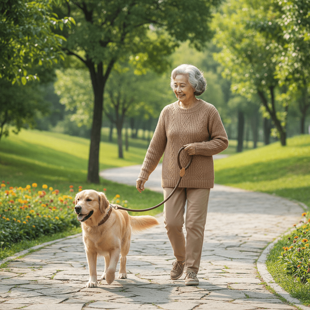 grand-mere-parc-avec-chien-portant-laisse-chien