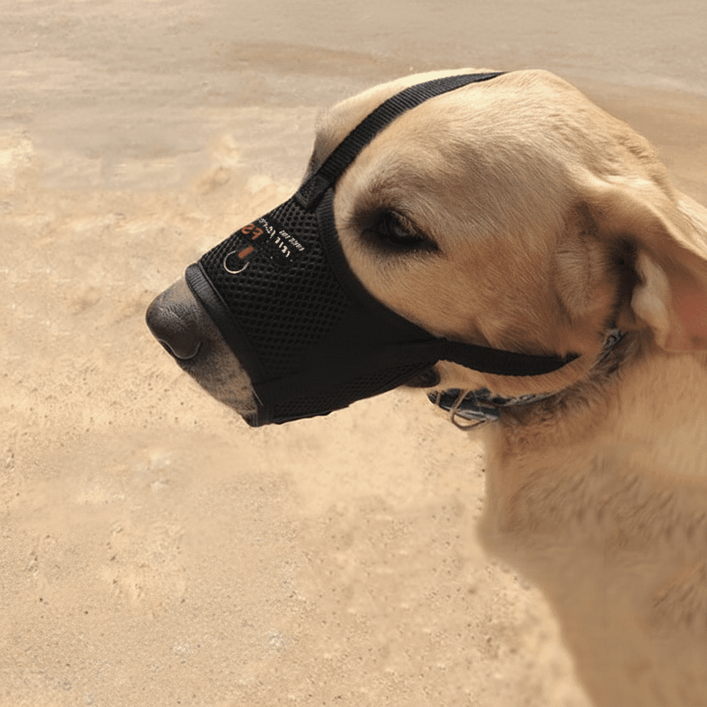 labrador-avec-muselière-pour-chien-noire-sable