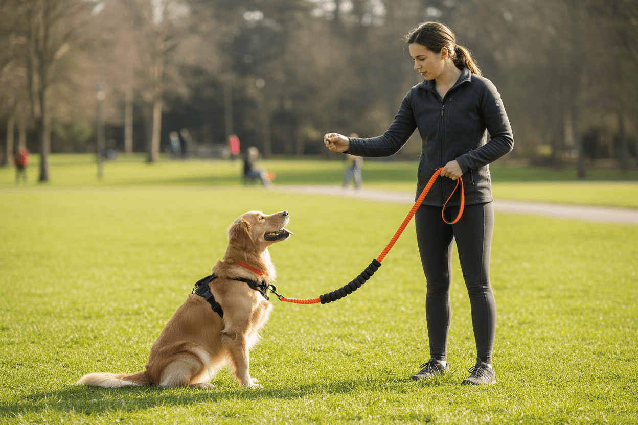Max avec son dresseur portant laisse orange élastique
