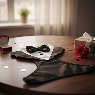 beau avec son harnais chien mariage sur table