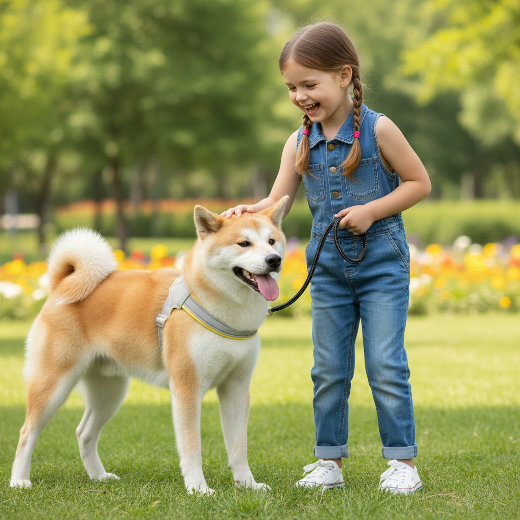 Chien Akita avec harnais chien jaune jouant avec fillette