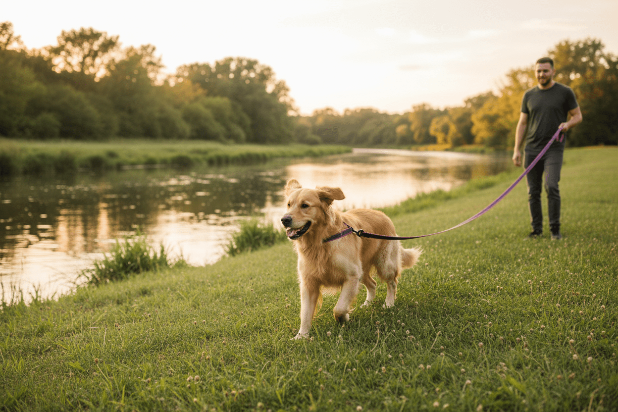 Chien apprenant le rappel à la rivière avec longe chien
