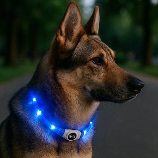 chien assis avec son collier lumineux chien vert sortie