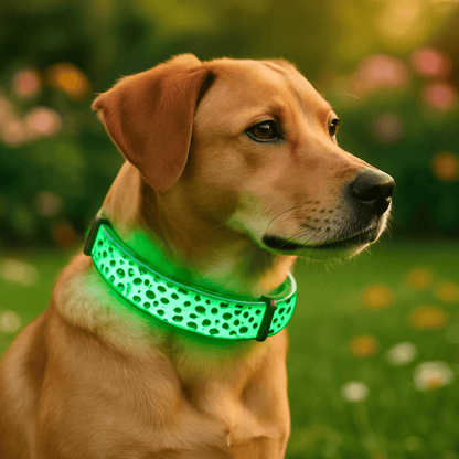 chien assis dans jardin avec collier lumineux
