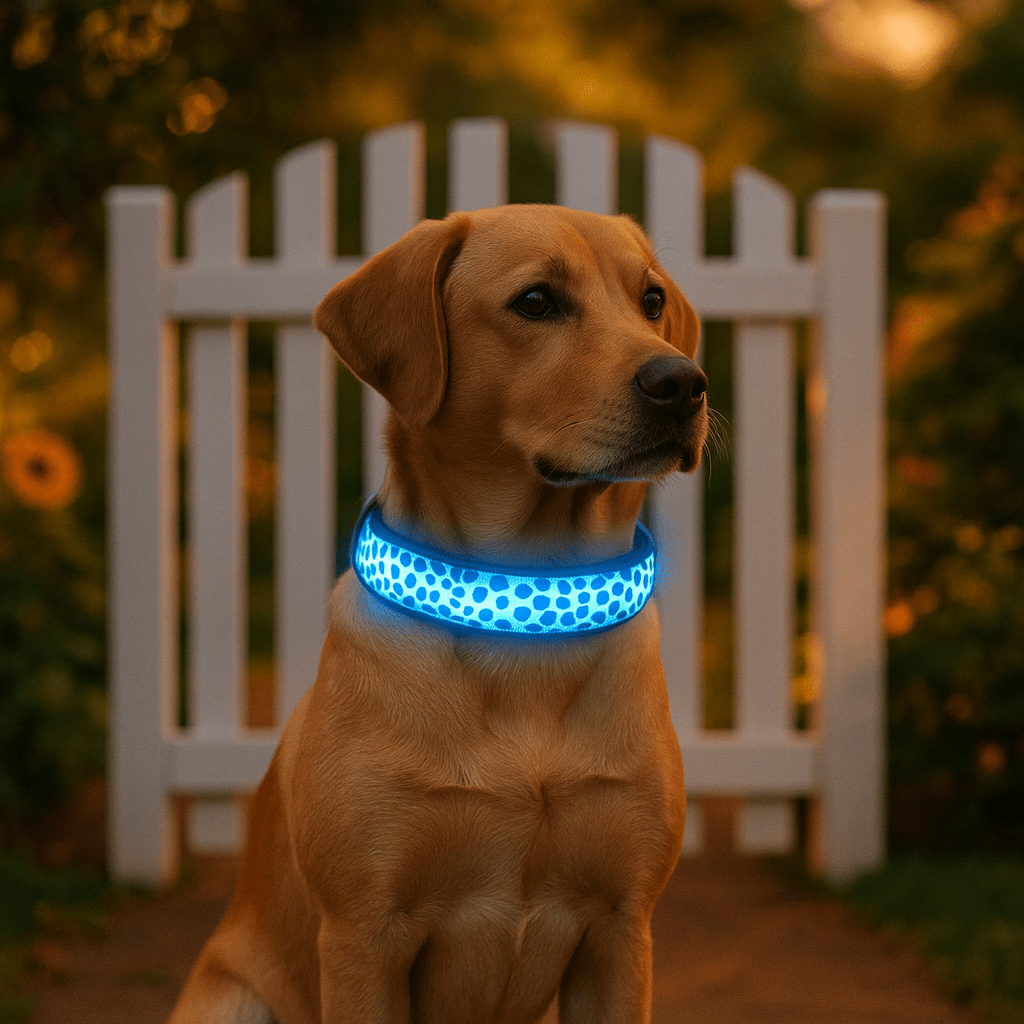 chien assis devant barrierre avec collier lumineux