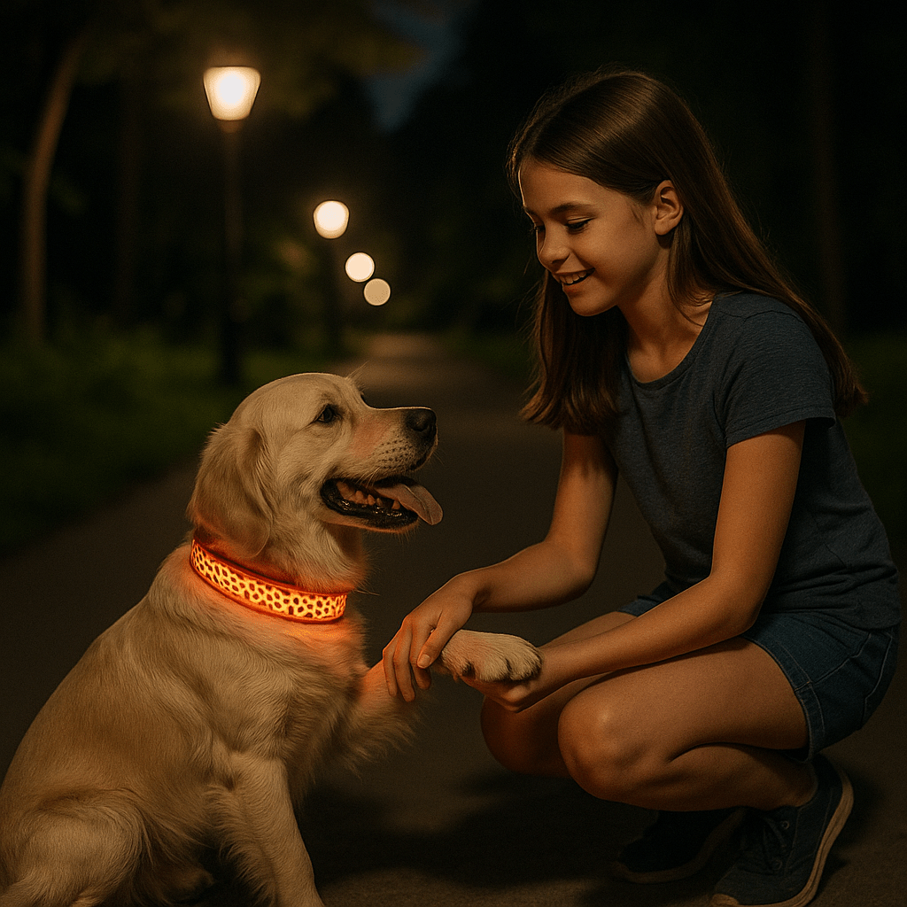 chien assis fierement avec collier lumineux