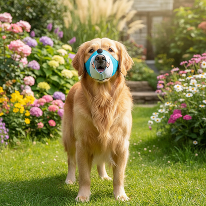 chien au jardin avec museliere bleue