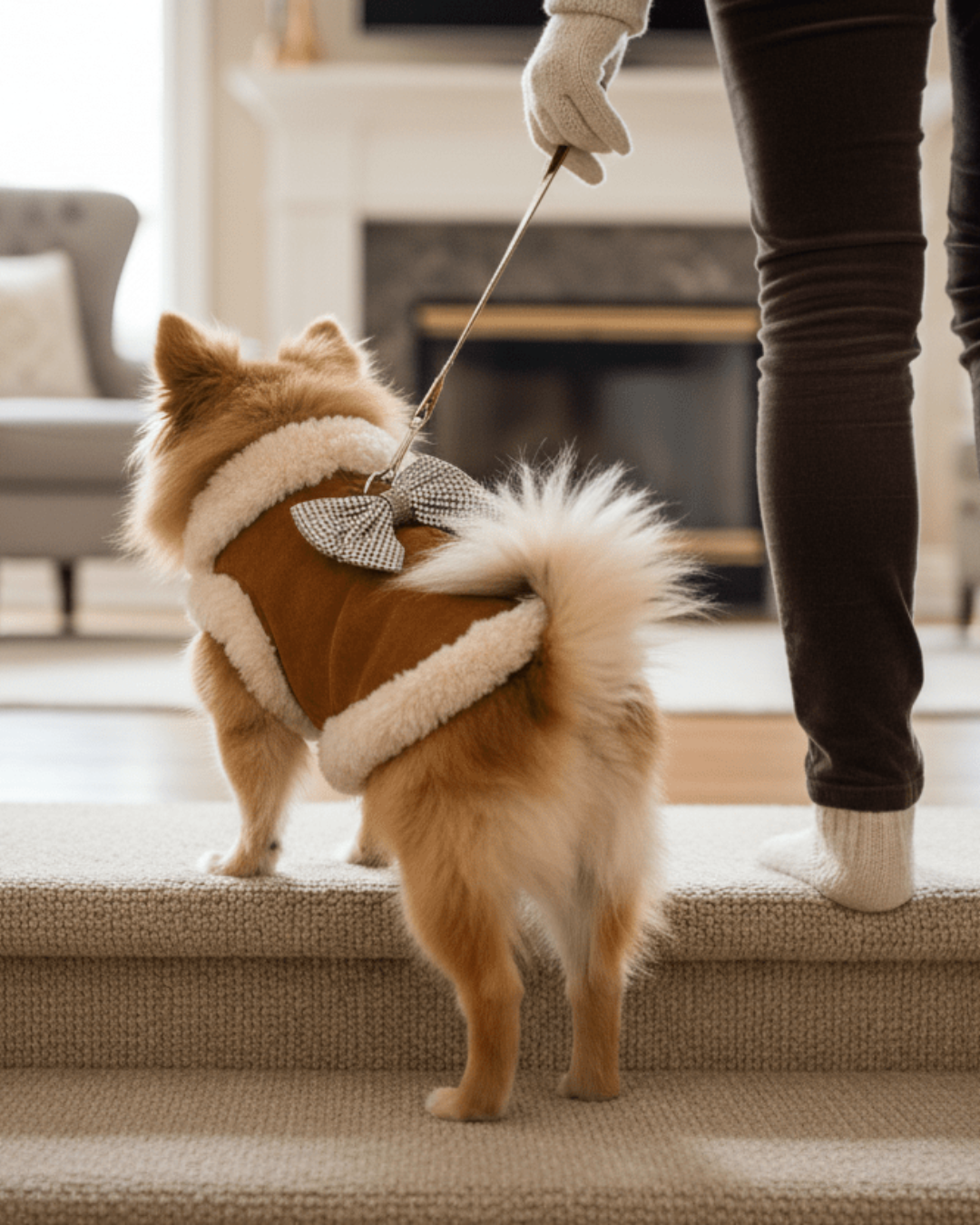chien avec harnais chien montant escaliers