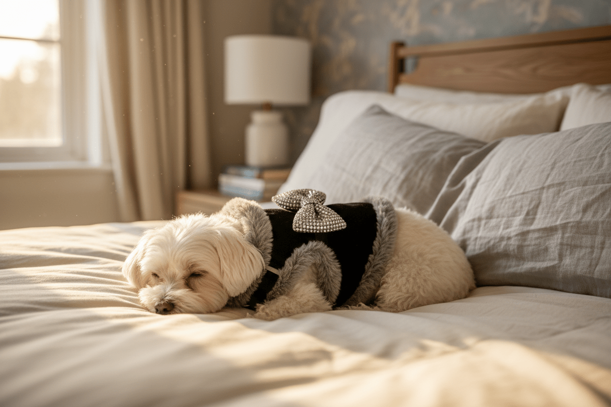 chien avec  harnais noir couchant au lit