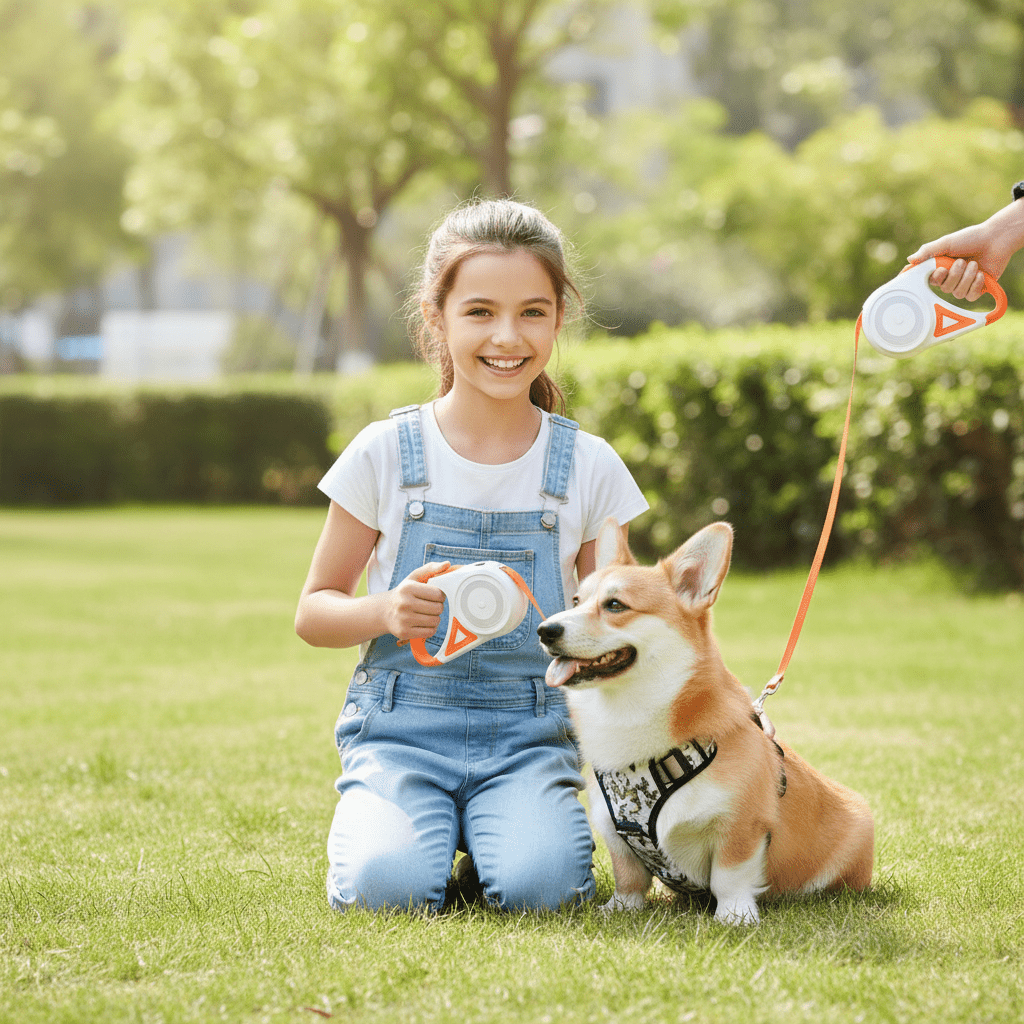 chien avec laisse chien enrouleur  dans jardin
