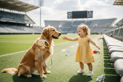 Chien avec laisse enrouleur jaune 