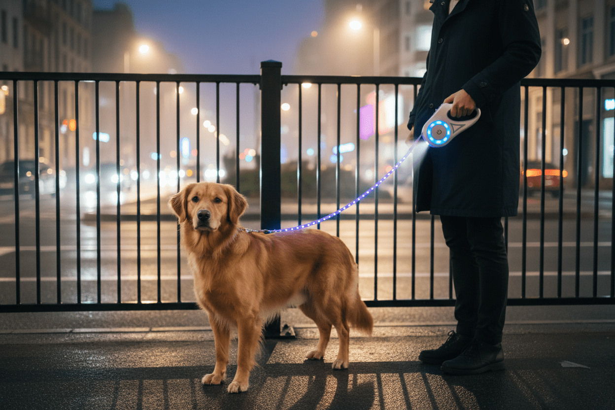 chien avec laisse enrouleur LED devant barrière noire