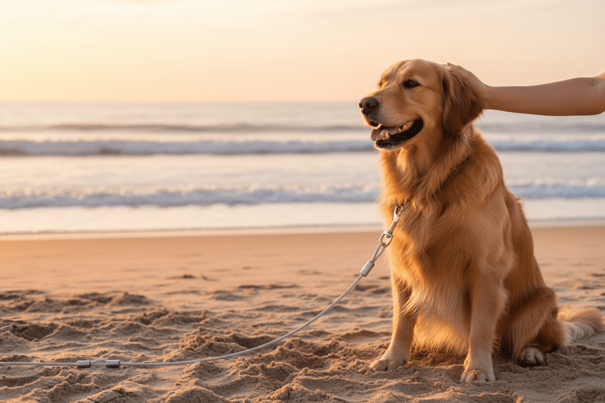 Chien avec longe chien grise plage