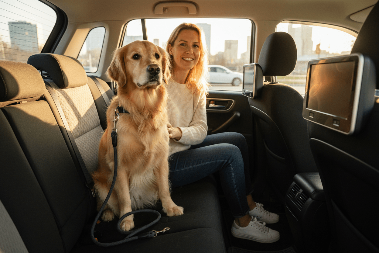 Chien avec longe pour chien dans taxi 