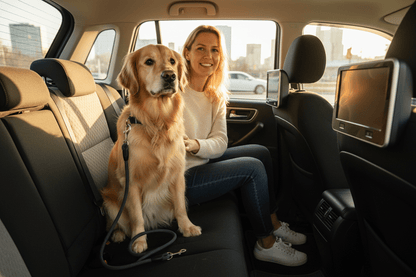 Chien avec longe pour chien dans taxi 