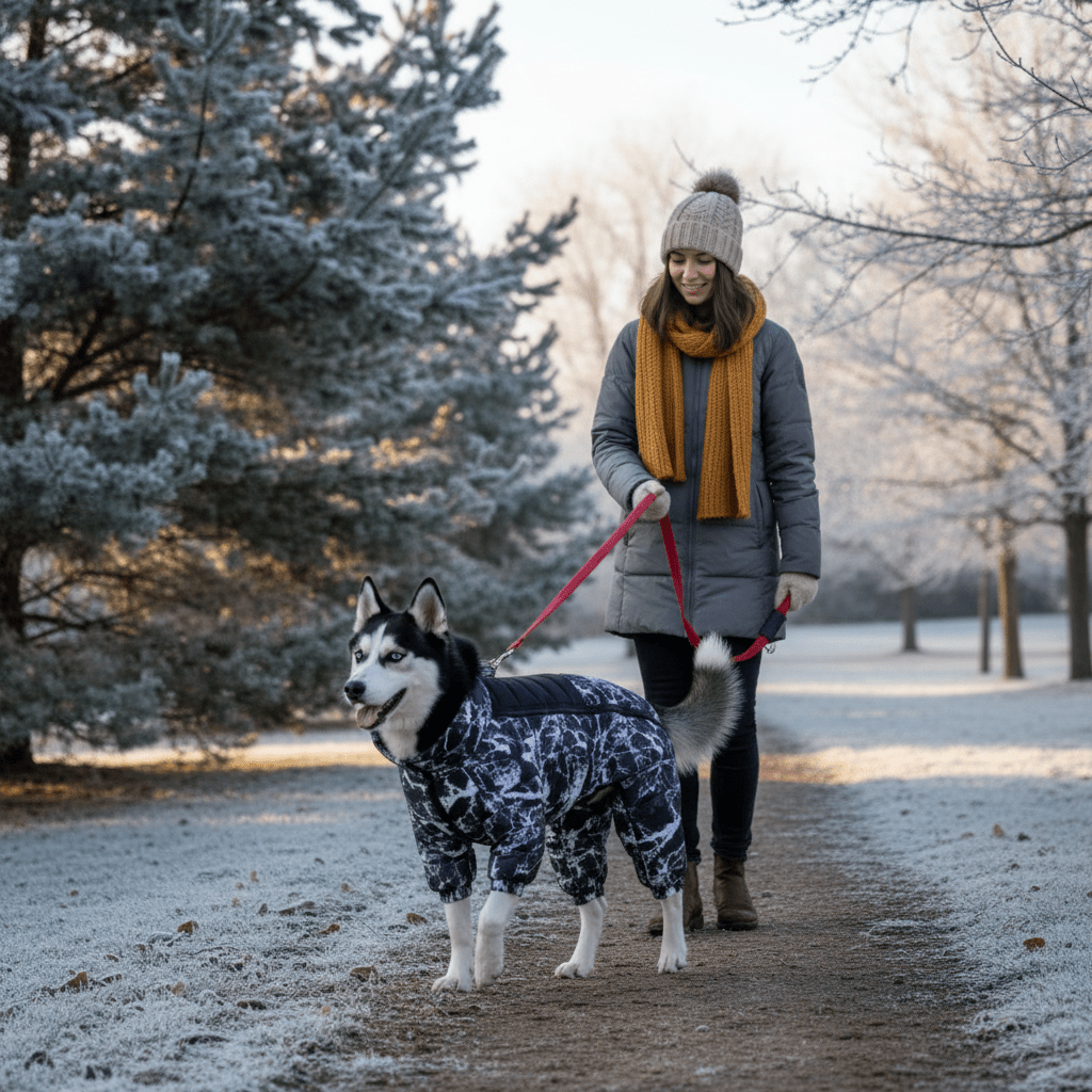 Chien avec maître promenade hivernale portant un manteau chien