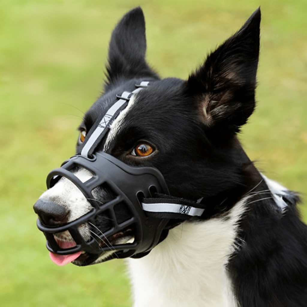 Chien avec muselière observant jardin