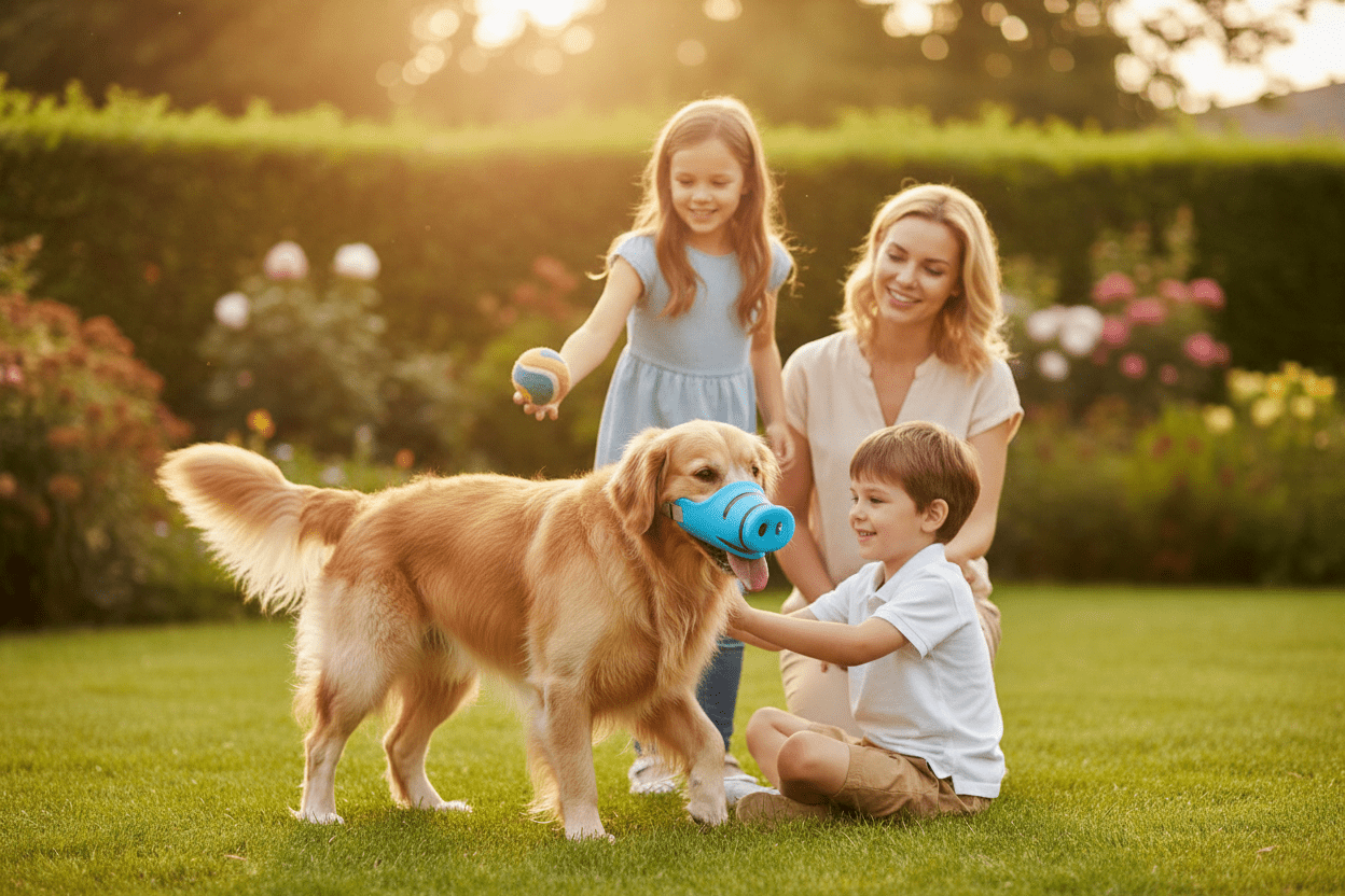 chien-avec-muselière-pour-chien-bleue-enfants