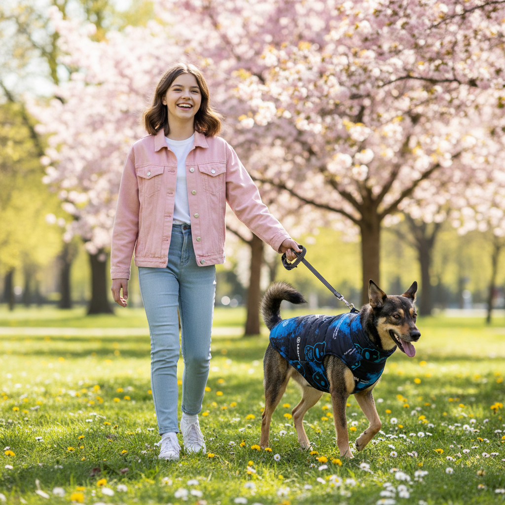 chien-balade-avec-fillette-portant-jolie-manteau-chien