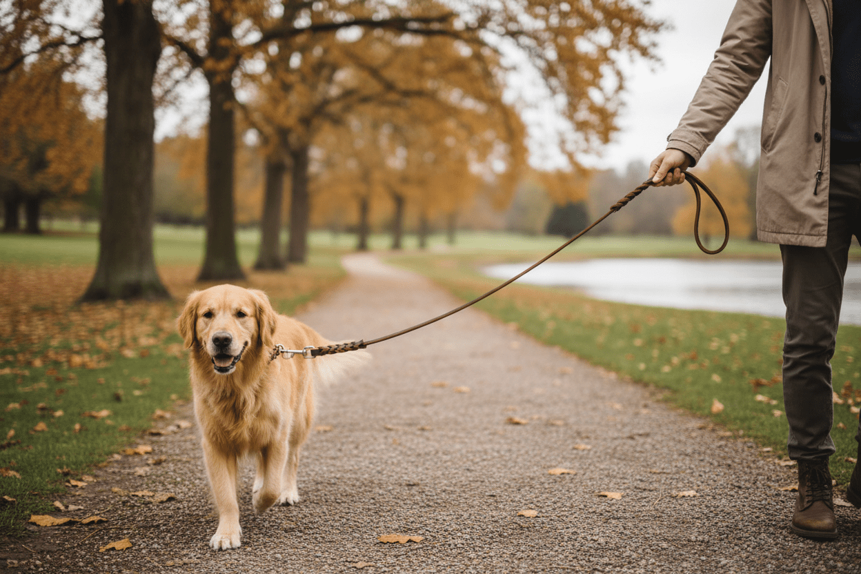 chien balade avec longe chiens en cuir tressée 
