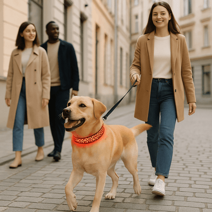 chien balade devant mur avec collier lumineux