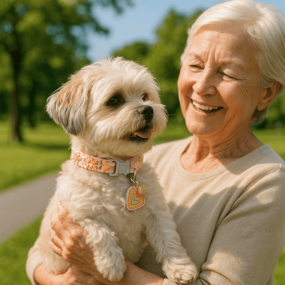chien balade grand mere avec son collier