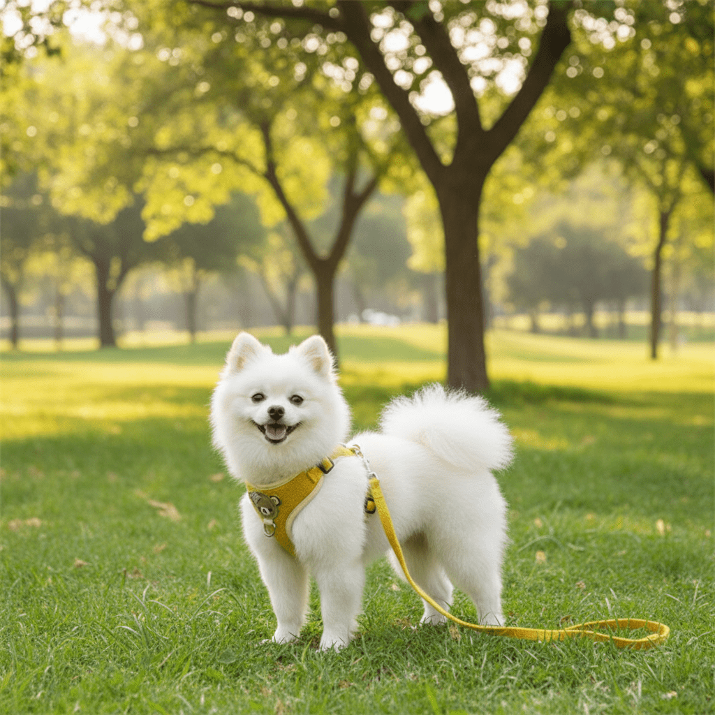 Chien blanc avec harnais chien jaune parc