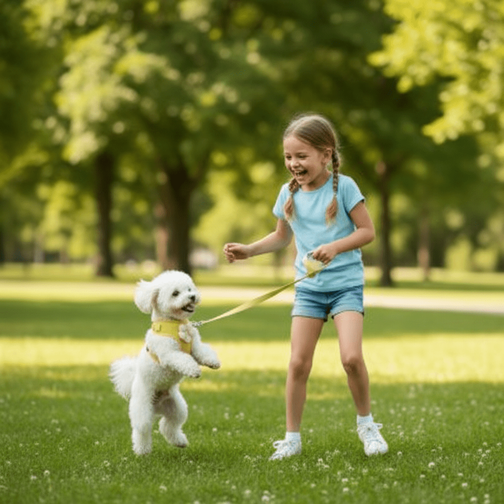 chien blanc avec harnais chien jaune sautant avec fillette