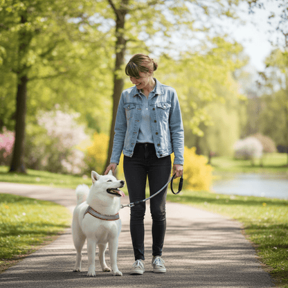Chien blanc avec harnais chien rouge  maîtresse