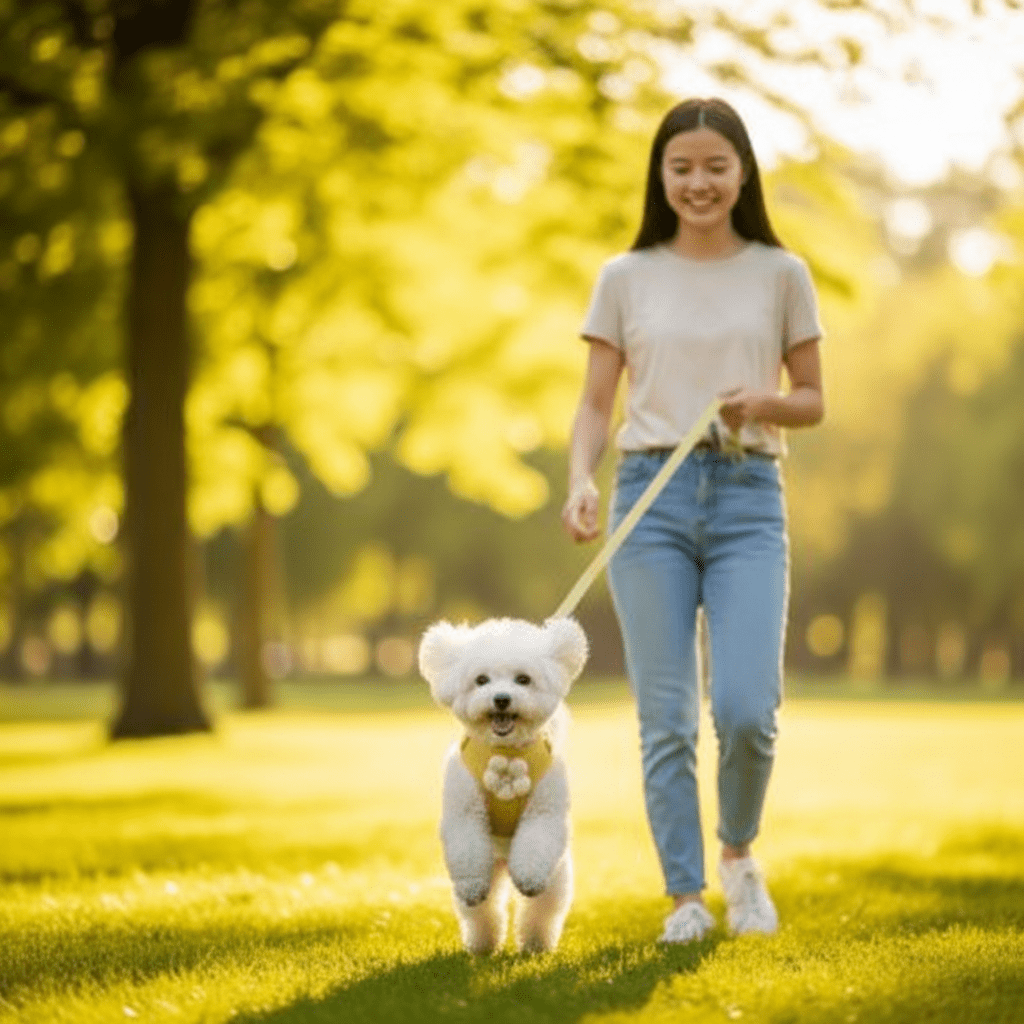 Petitchien blanc avec harnais chien sautant
