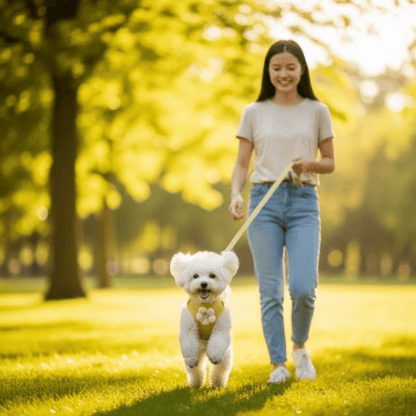 Petitchien blanc avec harnais chien sautant