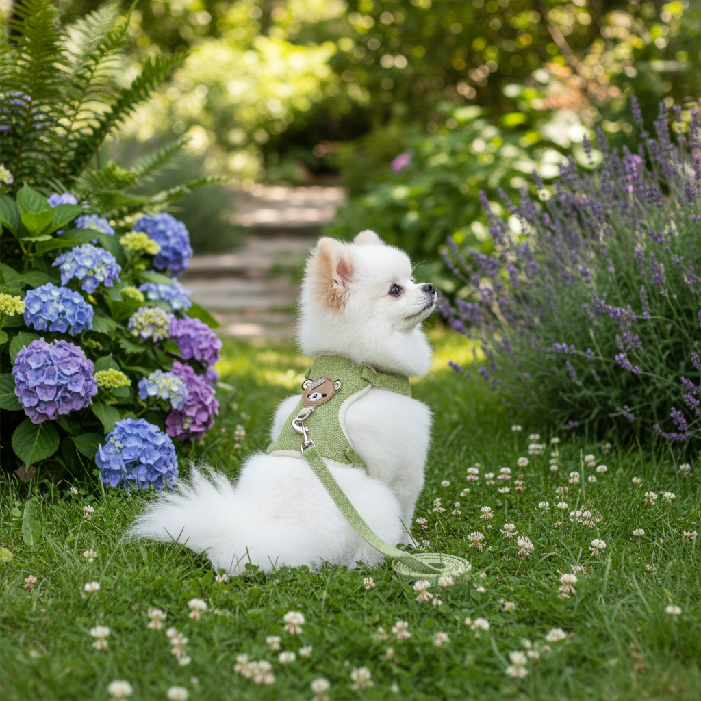 Chien blanc avec harnais chien vert  jardin