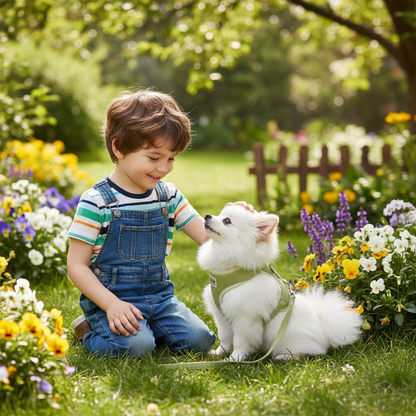 Chien blanc jouant harnais chien vert  jardin 
