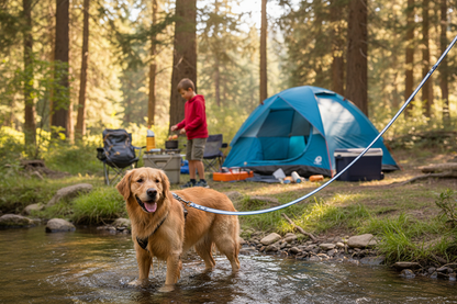 Chien camping explorant rivière avec longe chien