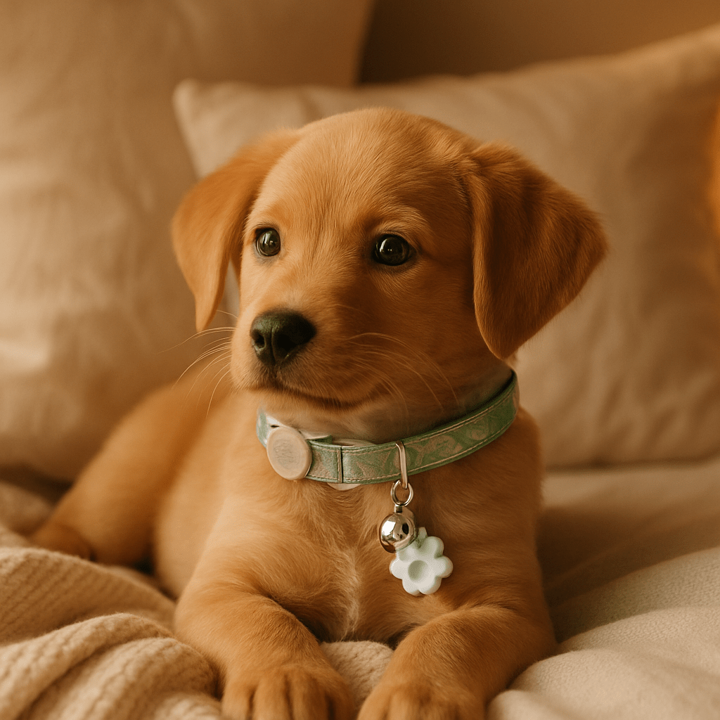 chien couchant meuble avec son collier