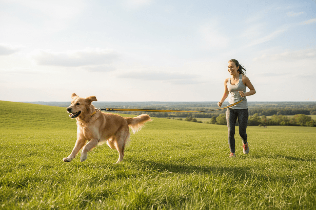 Chien courant sur colline avec longe chien