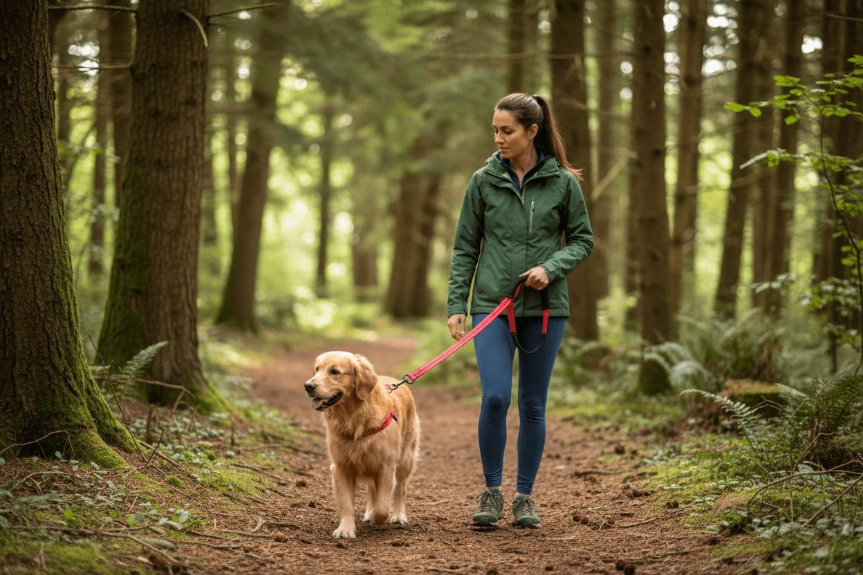 Chien dans forêt avec maîtresse  laisse chien rouge