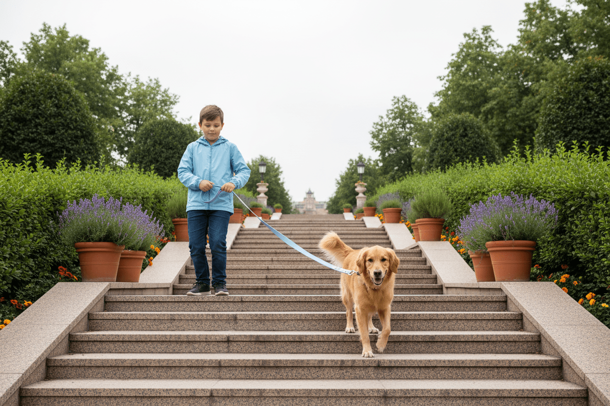 -chien-descendant-un-escalier-avec-longe-pour-chien