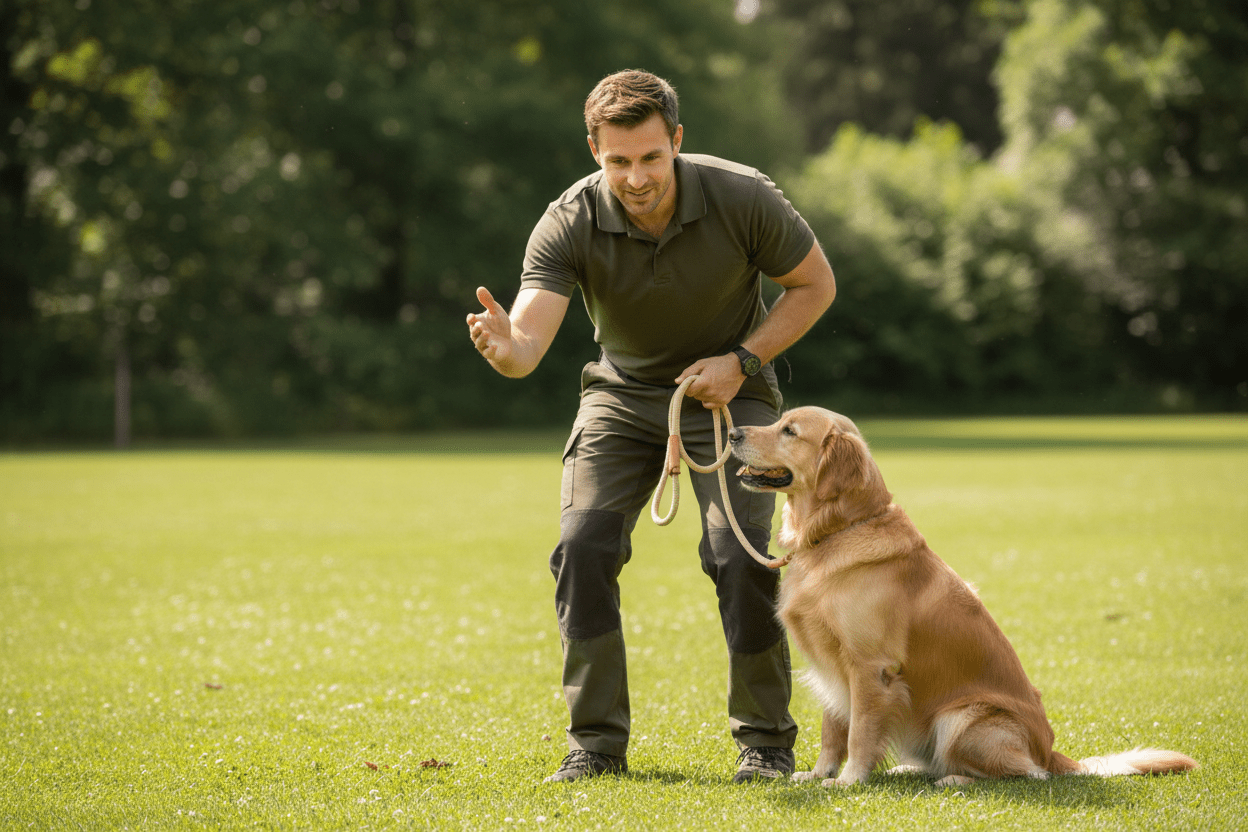 Chien dressage avec dresseur utilisant longe pour chien beige