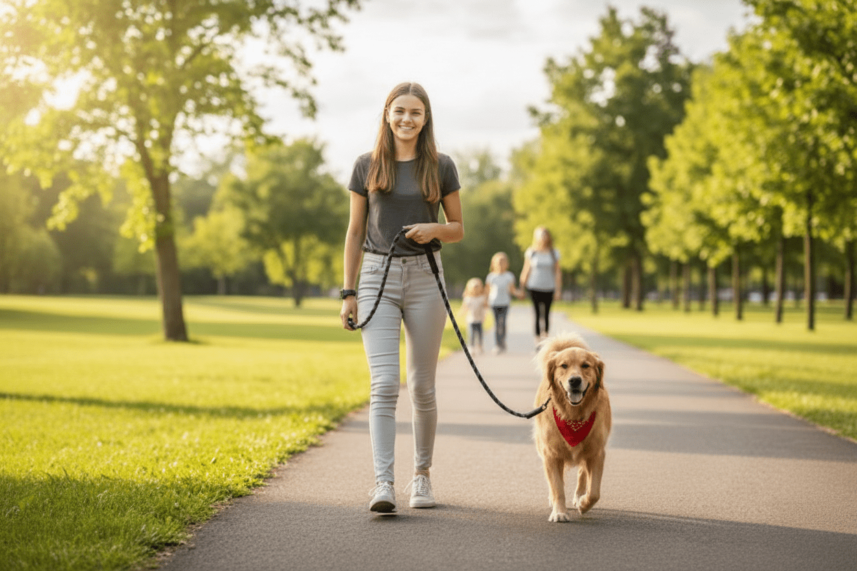 Chien en visite touristique avec son maître de 15 ans