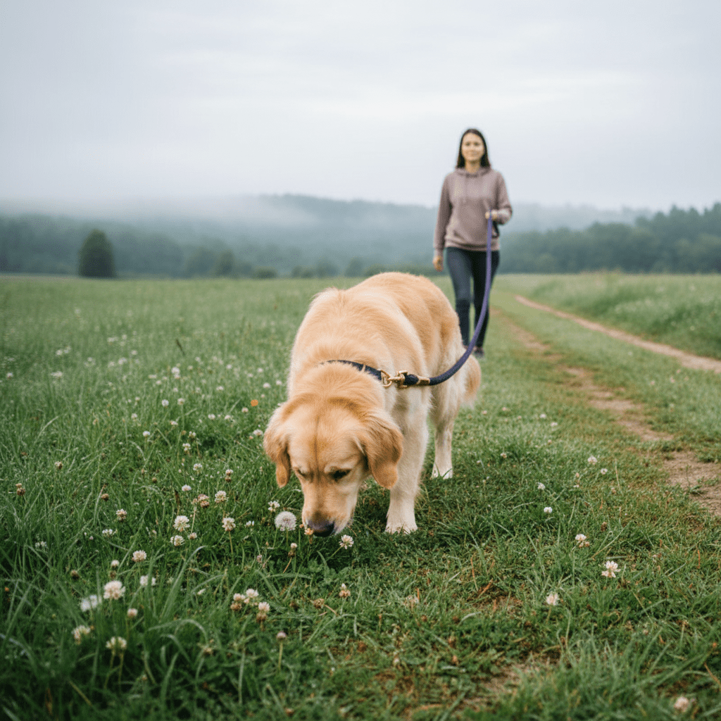 Chien explorant avec longe violet