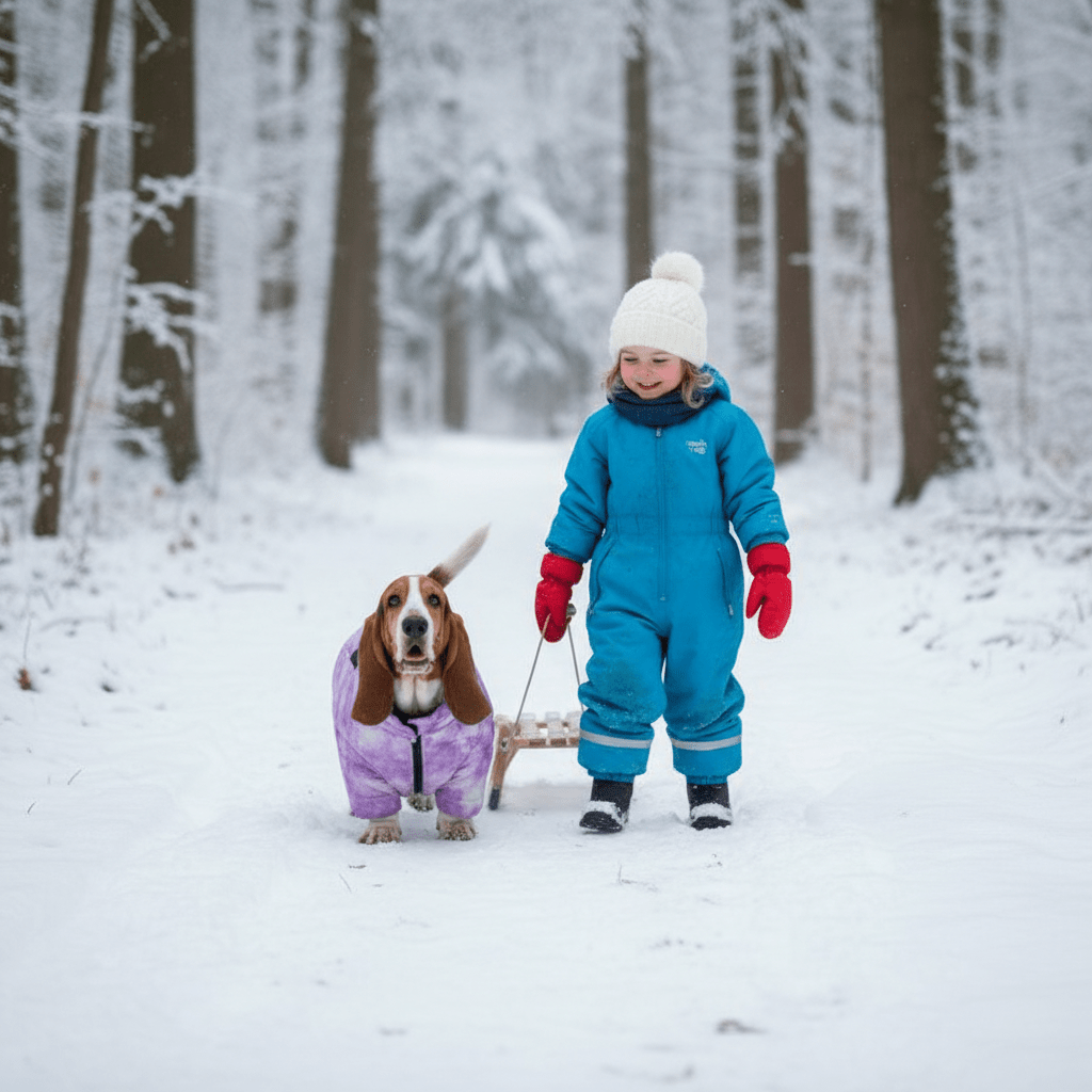 Chien fier promenade avec enfant portant manteau chien