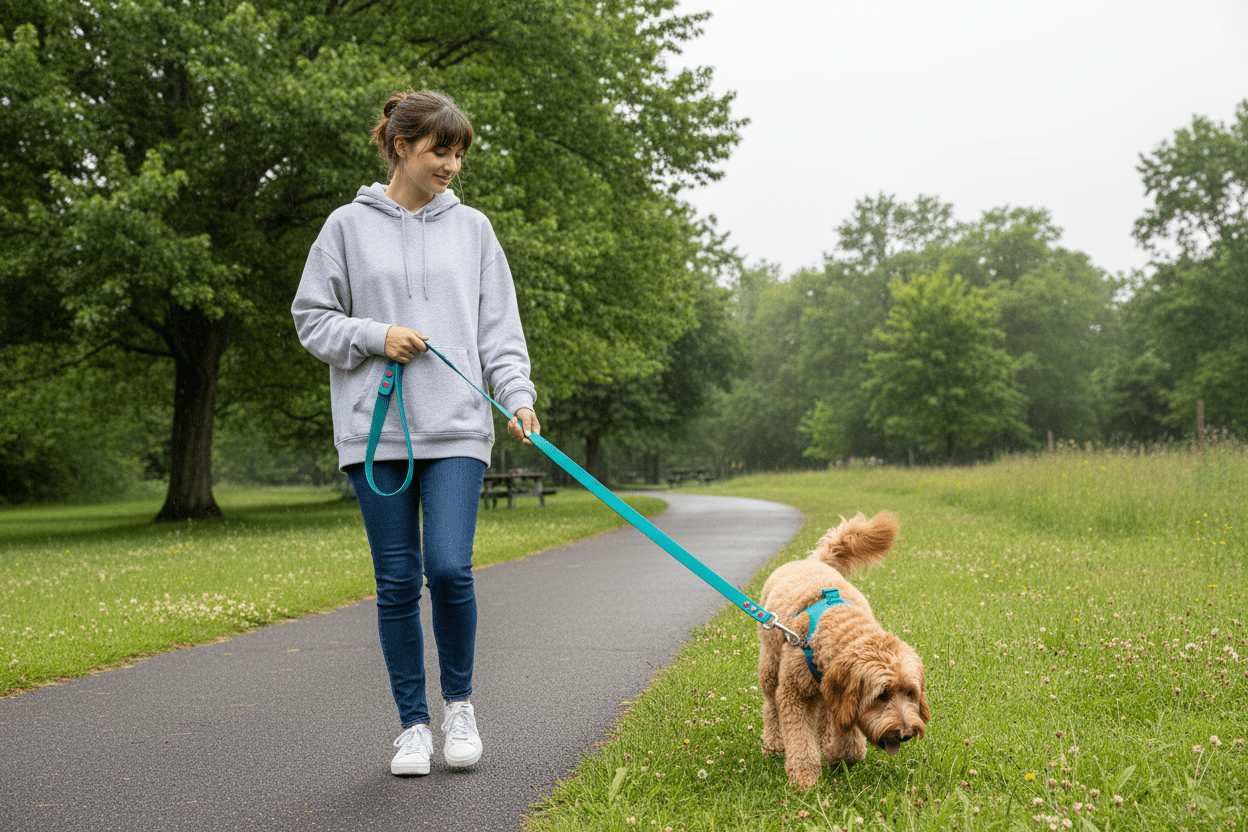 chien-fille-avec-longe-pour-chien-jardin