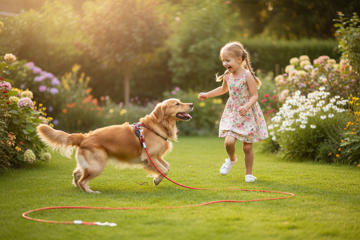 Chien  fillette jouant jardin avec  longe chien