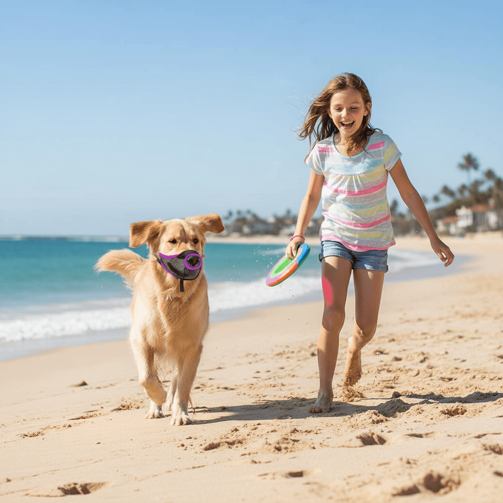 chien-fillette-plage-avec- muselière-pour-chien -violette
